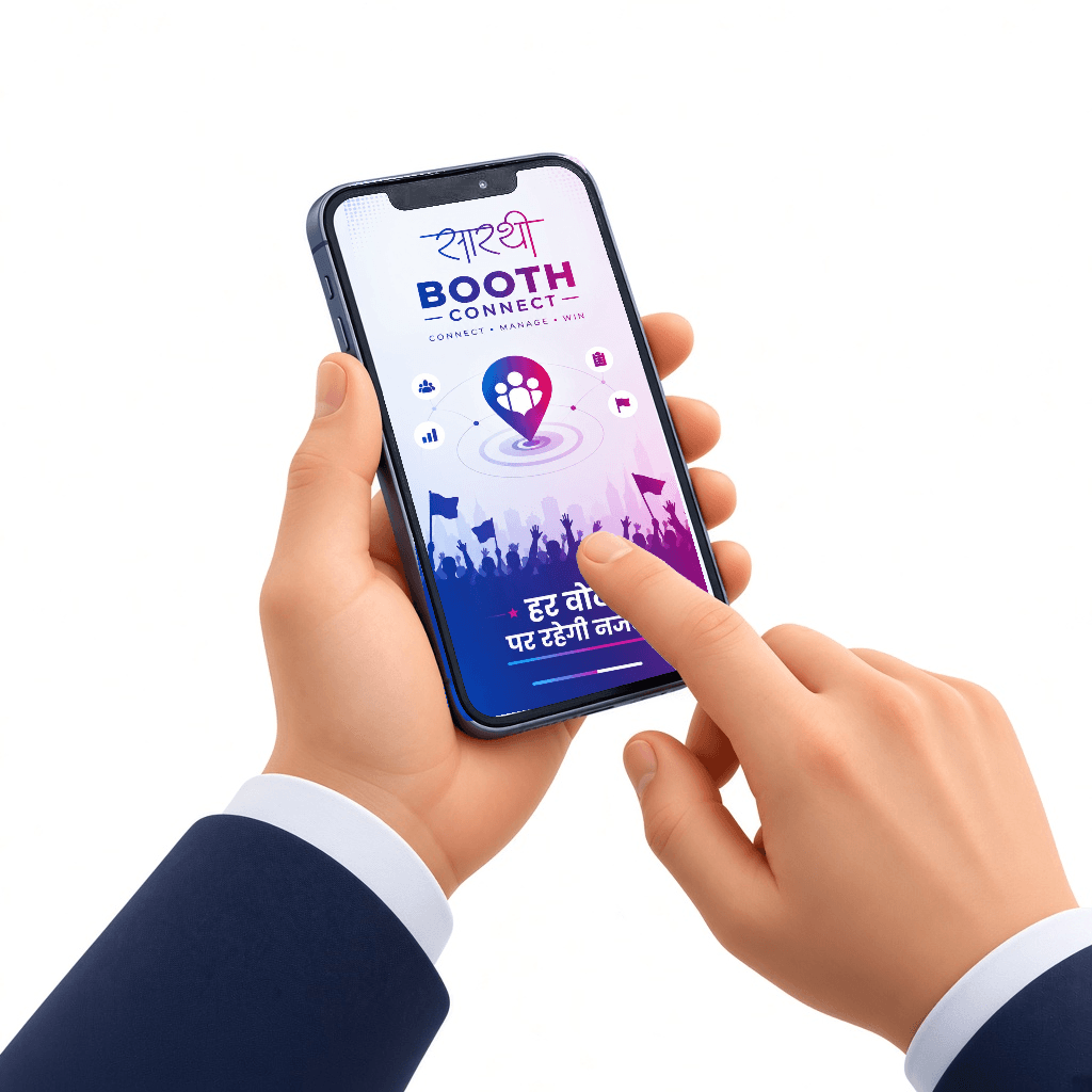 Hands holding a phone showing the Sarthi Booth Connect app